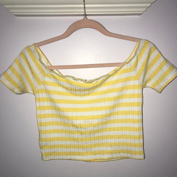 Yellow and White Striped Off-The-Shoulder Crop Top - Picture 2 of 4